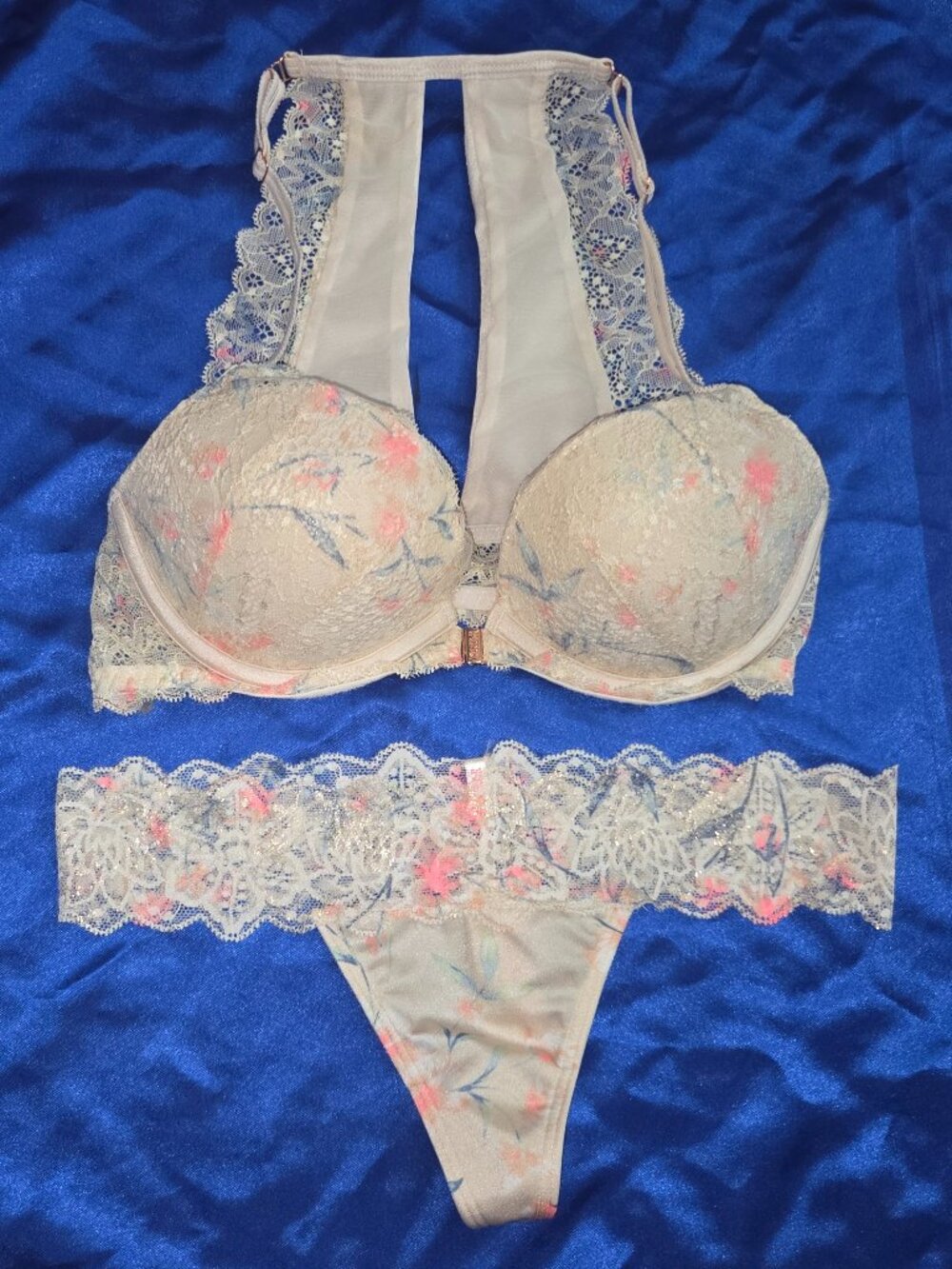 Victoria's Secret PINK Racerback Date Push Up Bra & Panty 32B XS Peachy Floral